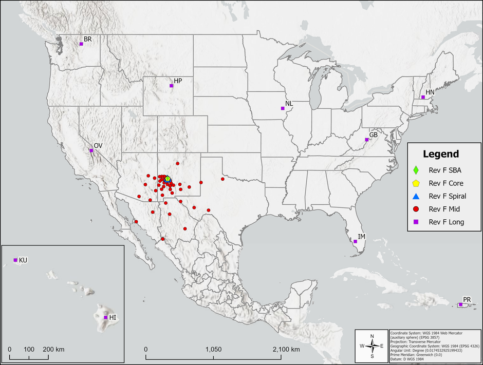 ngVLA Rev.F LONG (purple squares) and Mid (red circles) antenna configurations
