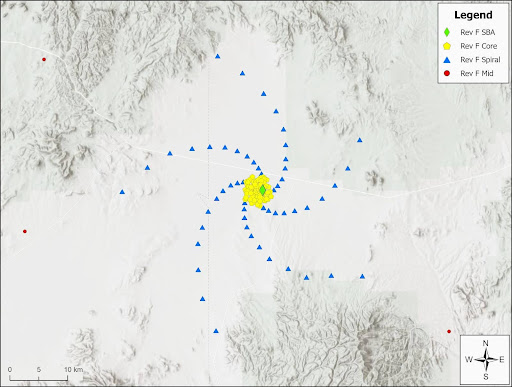ngVLA Spiral (blue triangle) and Core (yellow pentagon) sub-components